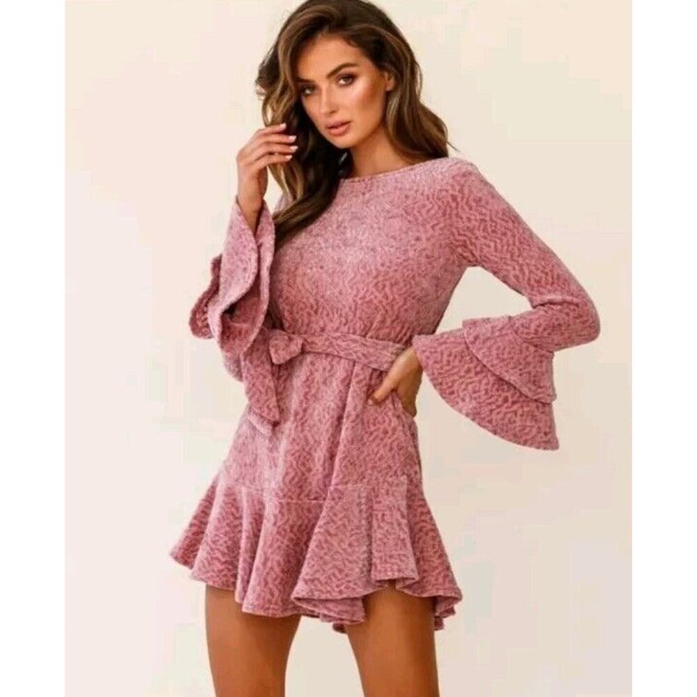 Long Sleeve Ruffle Knit Dress in Dusty Rose